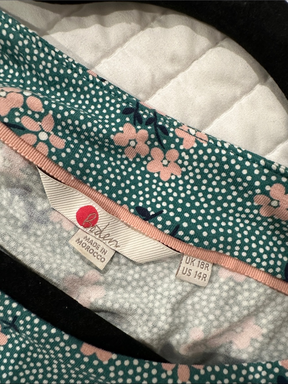 Boden Teal Floral Midi jersey Dress with Pink Blossoms, 14R - Picture 3 of 3